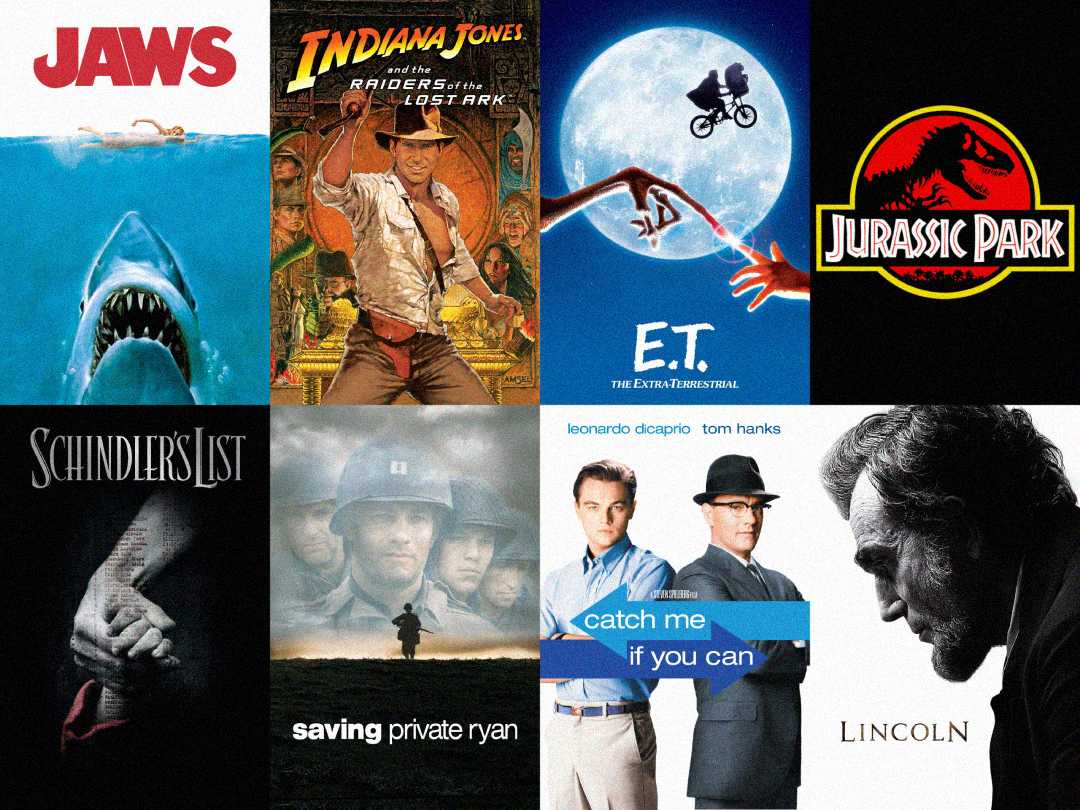 A collage of eight movie posters directed by Steven Spielberg, including Jaws, Indiana Jones, E.T., Jurassic Park, Schindler's List, Saving Private Ryan, Catch Me If You Can, and Lincoln.