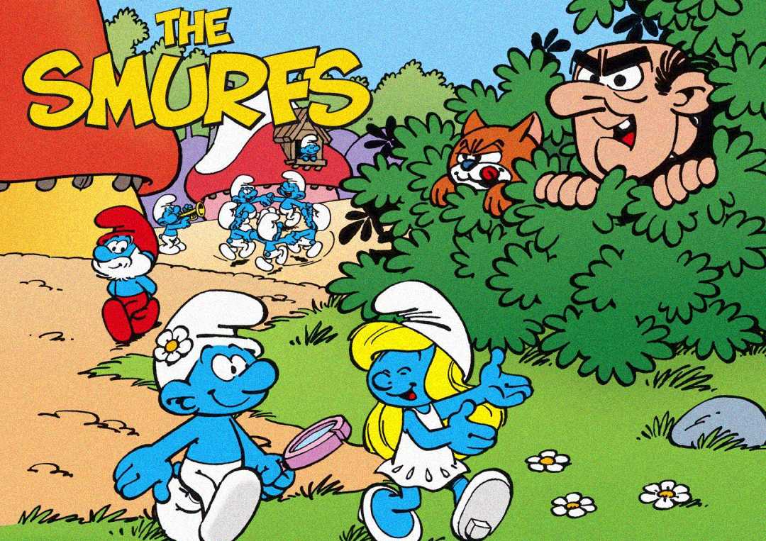 The Smurfs walk happily in a village, with Smurfette and another Smurf in front. Behind them, villain Gargamel and his cat Azrael hide in bushes, watching. The yellow "The Smurfs" logo is in the top left corner.