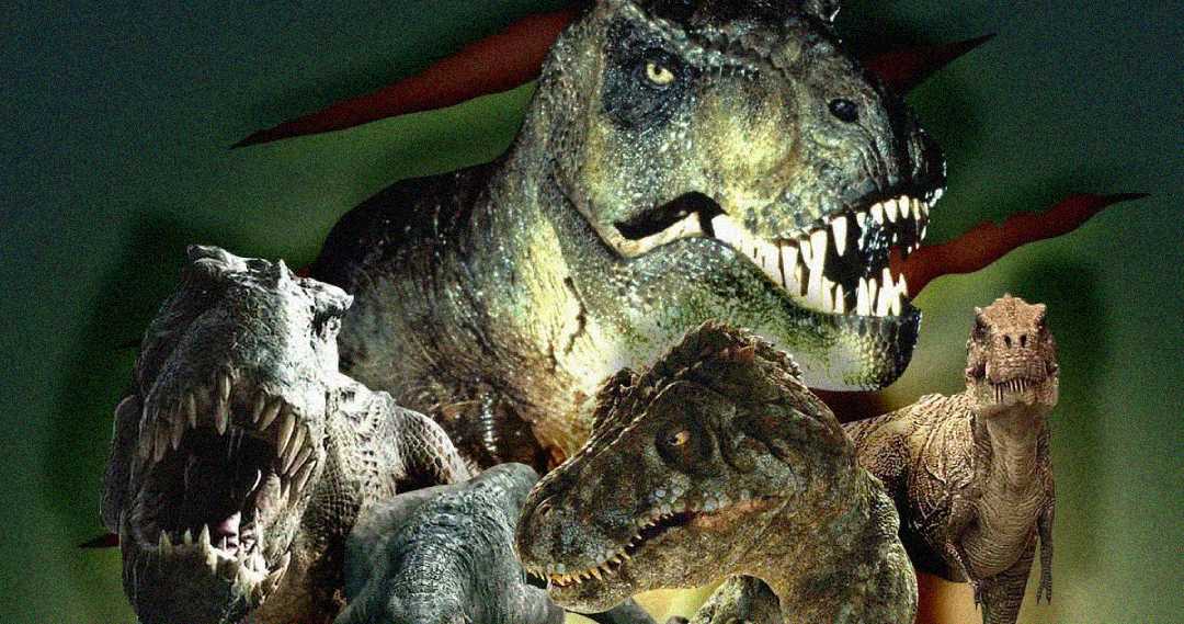 A group of realistic, menacing dinosaurs, mostly resembling Tyrannosaurus rex, with sharp teeth and textured skin, are depicted against a dark, ominous background with red claw marks.