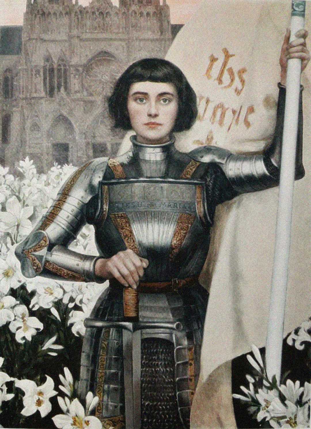 A young woman in medieval armor stands among white lilies, holding a large banner. A gothic cathedral is in the background. The image has a historic and solemn atmosphere.