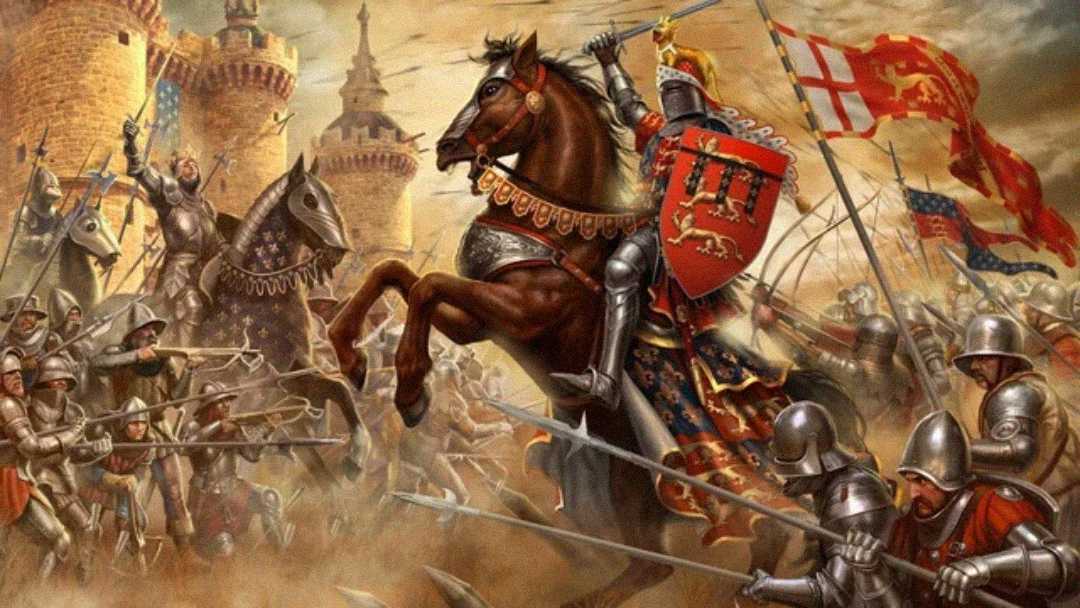 Medieval knights in armor clash fiercely in front of castle walls. A knight on a rearing horse holds a lion-emblazoned shield, while soldiers with spears and flags charge into battle amid swirling dust and chaos.