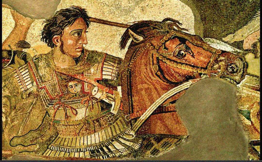 Ancient mosaic depicting a warrior in armor riding a horse, holding a spear, and looking intensely forward; the scene is detailed with lifelike colors and classical Greek artistic style.