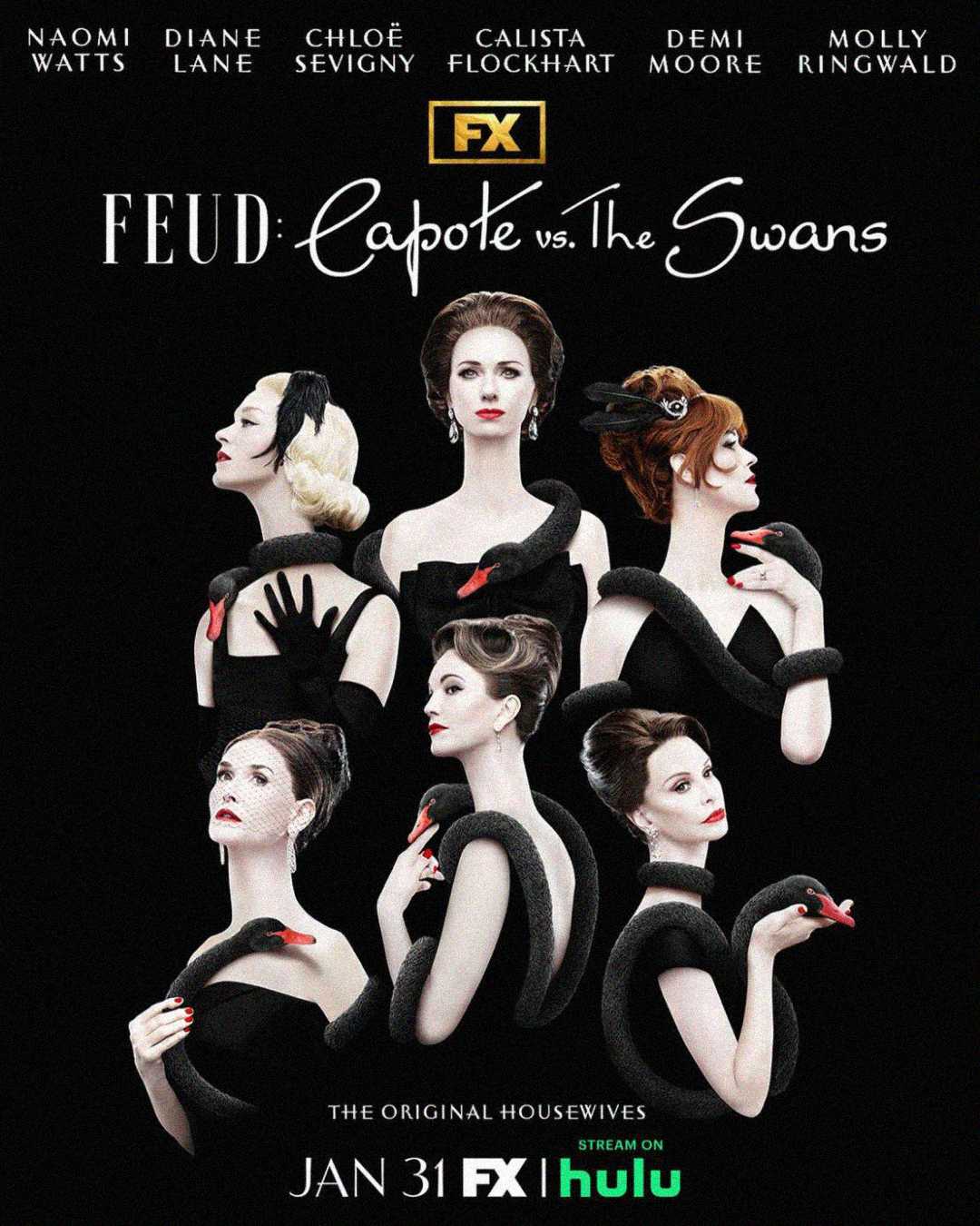 Six elegantly dressed women pose with black swans around their necks, against a black background. Their names appear at the top, with the title "Feud: Capote vs. The Swans" and FX and Hulu streaming details below.