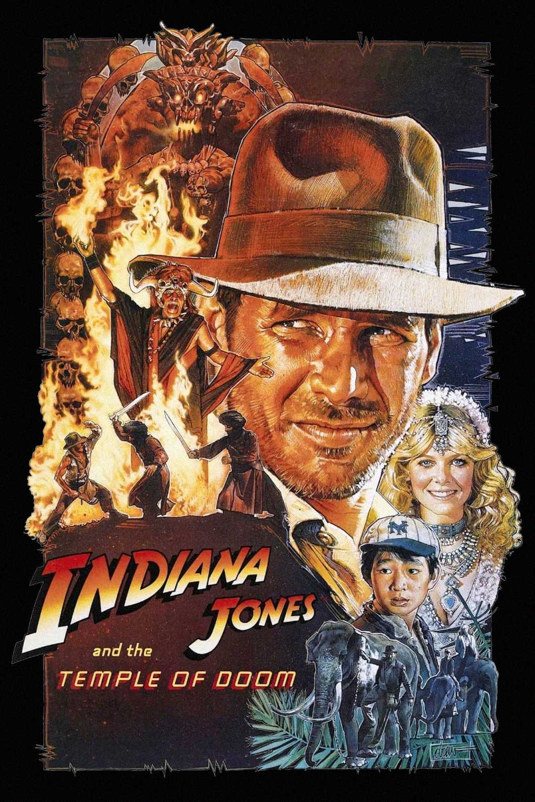 A vintage movie poster for "Indiana Jones and the Temple of Doom" featuring Indiana Jones in a fedora, a woman in a jeweled headdress, a young boy, flames, action scenes, and a menacing creature in the background.
