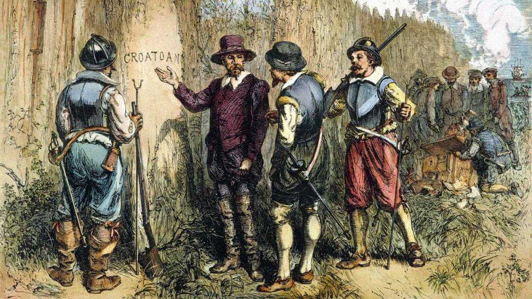 Several colonial men in 16th-century attire stand by a tree with the word "CROATOAN" carved into it, discussing the carving; more people and a ship are visible in the background.