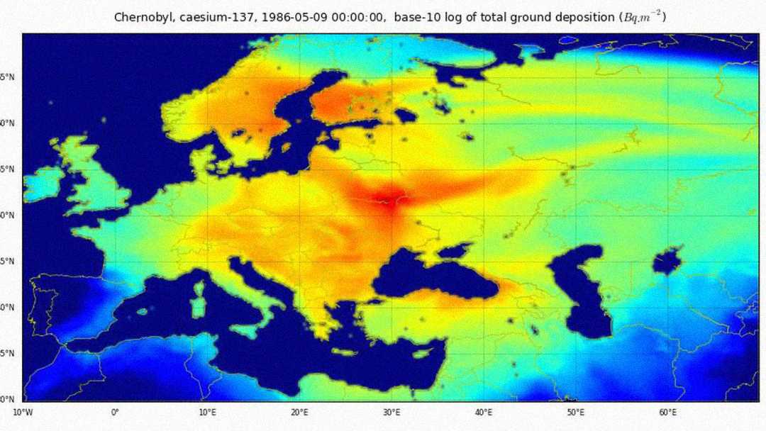 Map showing the spread of cesium-137 ground deposition across Europe after the Chernobyl disaster, with highest concentrations in red near Ukraine and lower levels spreading across the continent in yellow and blue.