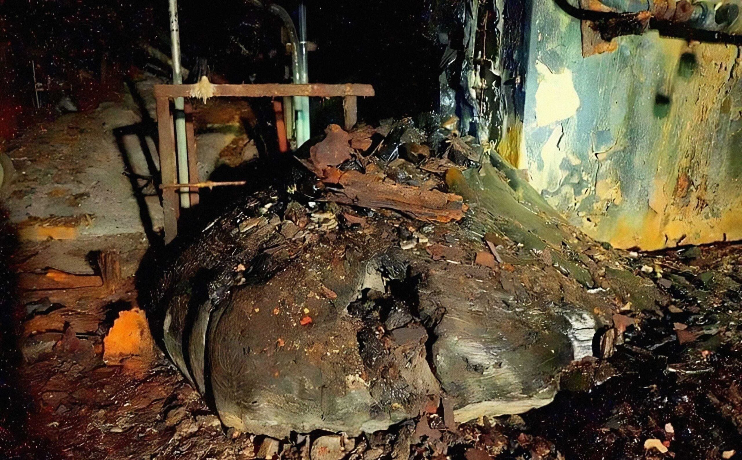 A large, misshapen mass of melted and charred material sits on the floor in a dimly lit industrial setting, surrounded by scorched debris, damaged pipes, and stained walls.
