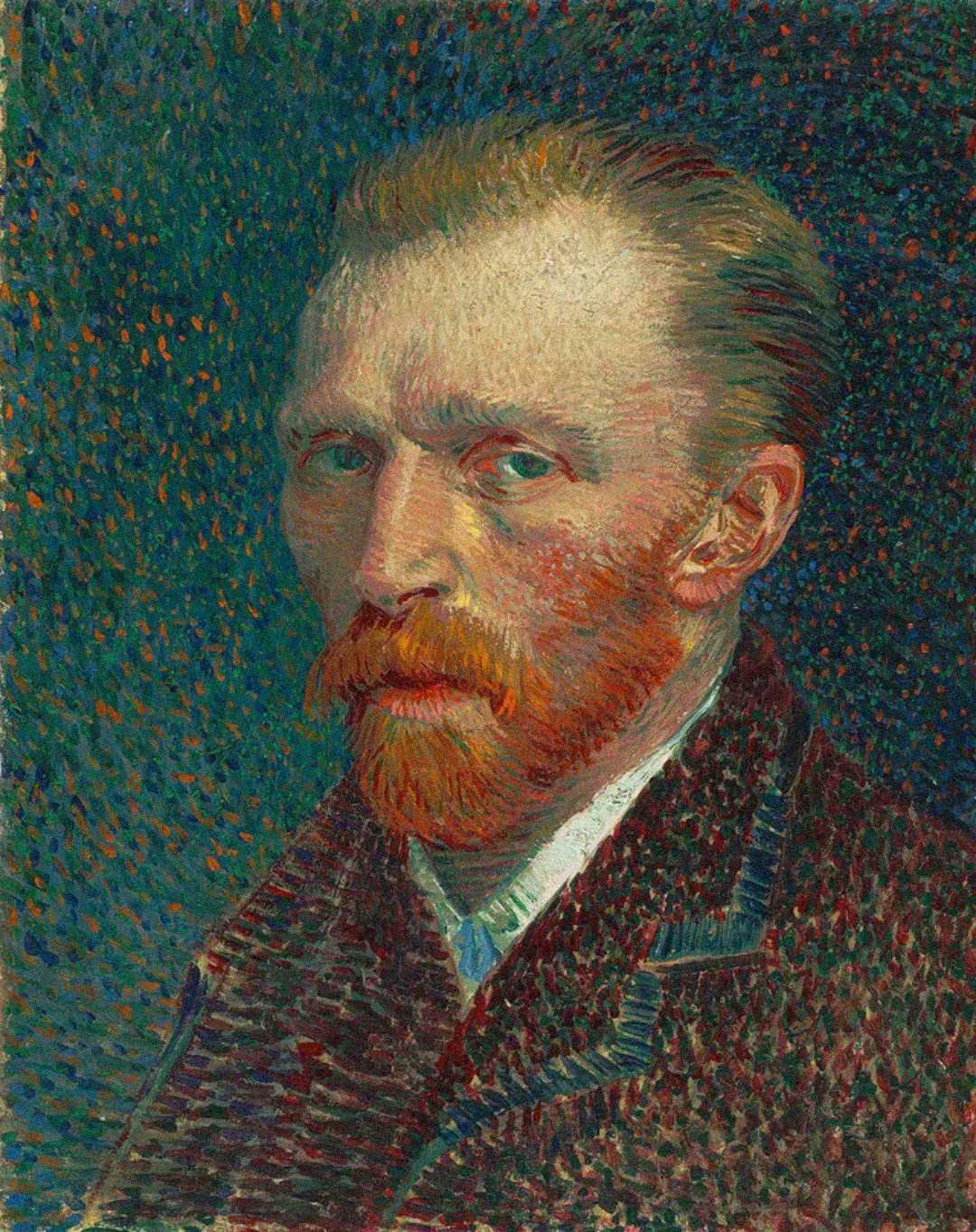 A painted portrait of a man with reddish hair and beard, wearing a dark patterned coat, gazing forward against a swirling blue and green dotted background.