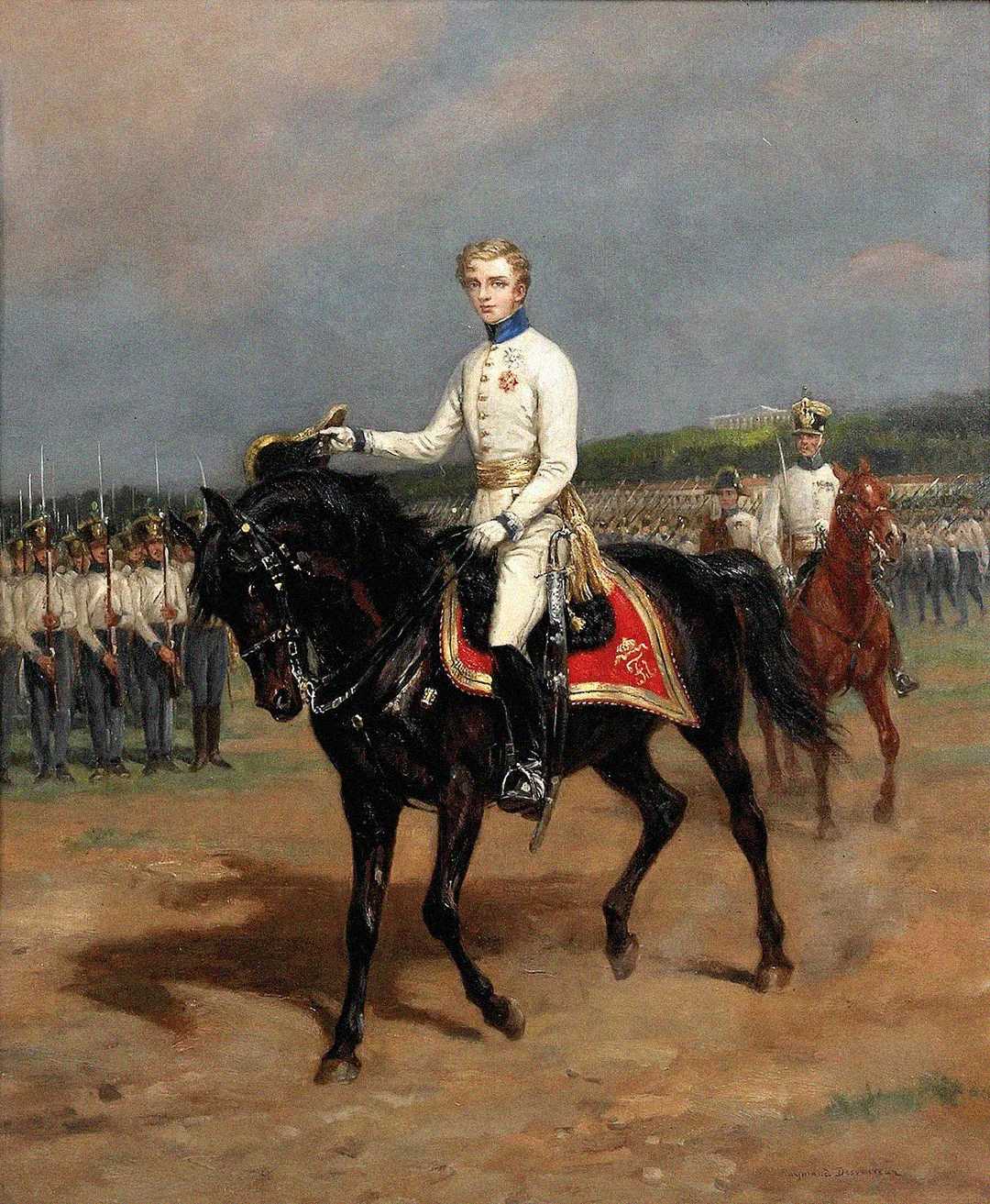 A young man in a white military uniform rides a black horse in front of rows of soldiers holding rifles; another officer on horseback follows behind on a brown horse, with a building visible in the distant background.