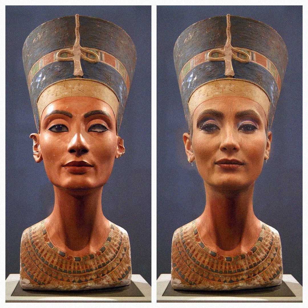 Side-by-side images of the Nefertiti bust: the left shows the original ancient sculpture, while the right features the same bust digitally altered with modern makeup and more natural facial features.