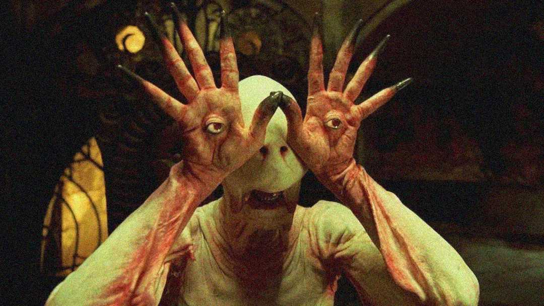 A pale, humanoid creature with eyes in its hands holds its palms up to its face, fingers splayed, in a dark, eerie setting. The creature has an expressionless head and elongated black nails.