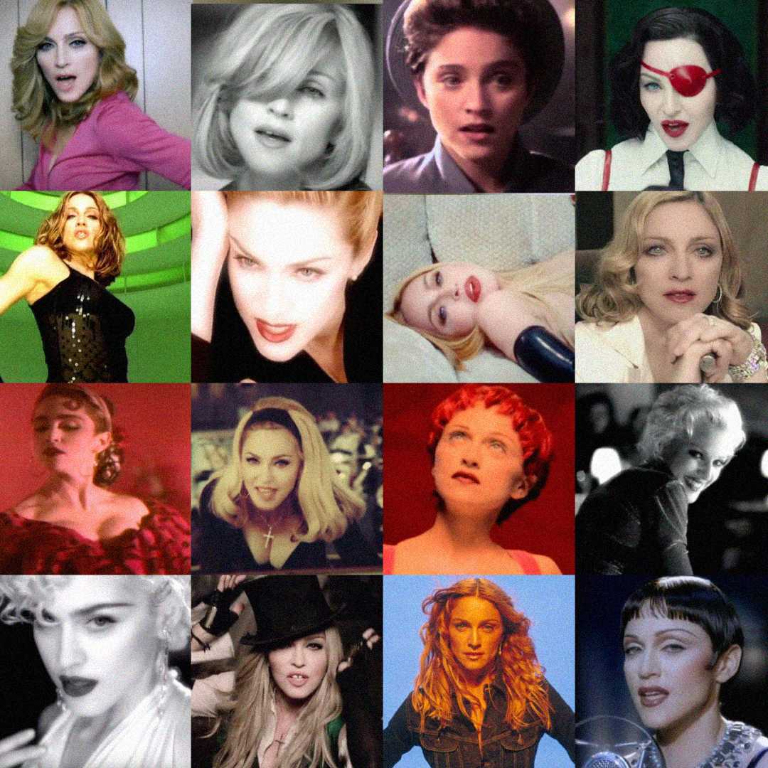 A collage of sixteen images showing a woman with different hairstyles, outfits, and makeup looks, each representing a distinct era or style, arranged in a 4x4 grid.