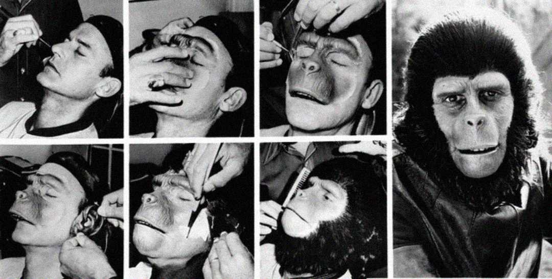 A series of six black-and-white photos shows a person gradually having ape makeup applied, ending with the person fully transformed into an ape character.