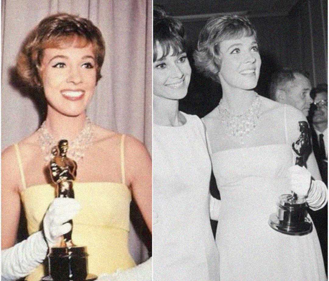 A woman in a light-colored dress and gloves smiles while holding an Oscar statuette. In one image, she poses alone; in the other, she stands beside another smiling woman at an awards event.