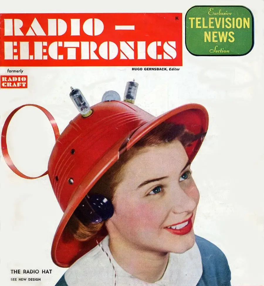 A smiling woman wears a red hat with antennas, tubes, and radio headphones on the cover of a vintage "Radio-Electronics" magazine. The text highlights "The Radio Hat" and features Television News.
