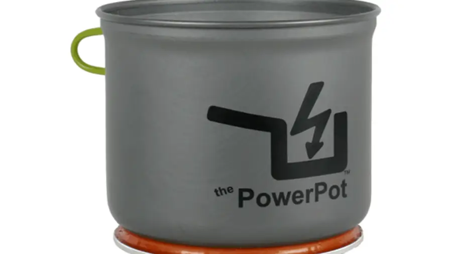A gray metal pot labeled "the PowerPot" with a black graphic of a pot and lightning bolt. The pot has a green handle and an orange heating element at the bottom.
