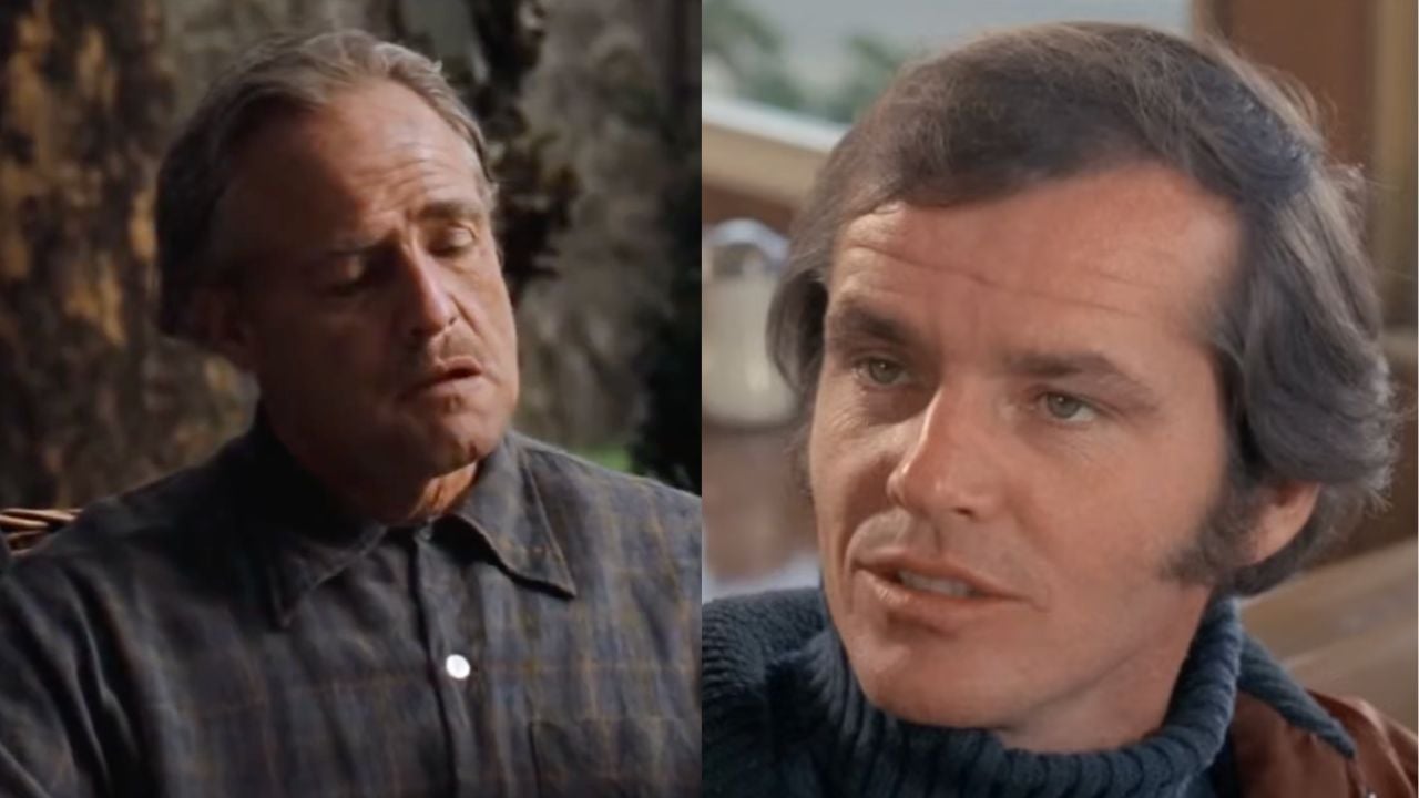 Split image: On the left, an older man with gray hair and a plaid shirt looks down. On the right, a younger man with dark hair and sideburns wears a blue turtleneck and looks to the side.