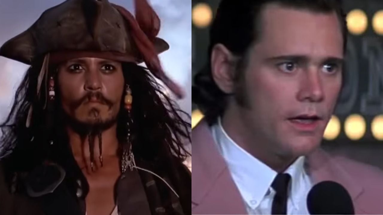 Split image: On the left, a person in a pirate costume with a hat and beads; on the right, a person in a suit speaking into a microphone.
