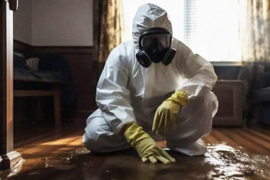 A person in a white hazmat suit, yellow gloves, and a gas mask crouches on a wooden floor near a wet, shiny substance, with sunlight filtering through curtains in the background.
