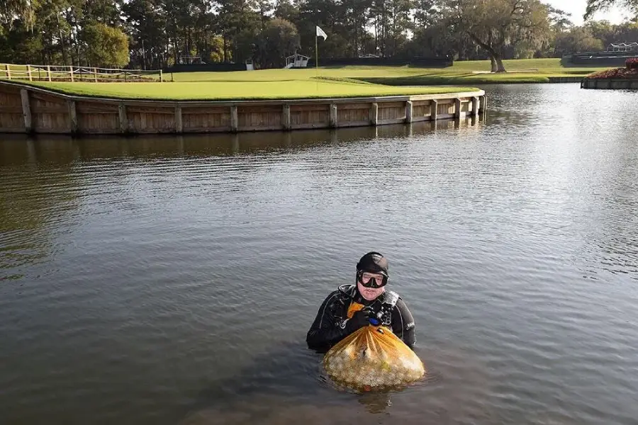 A scuba diver stands waist-deep in a pond with a mesh bag full of golf balls, while a golf green with a flag is visible in the background.