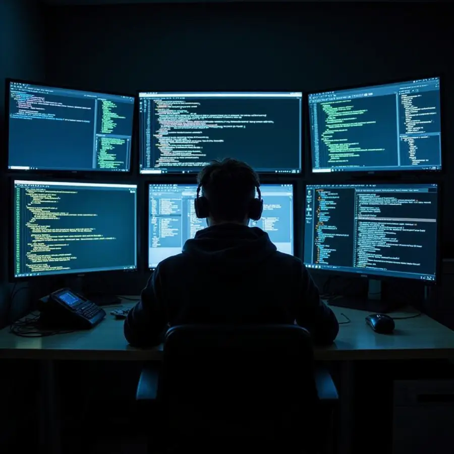 A person wearing headphones sits in a dark room at a desk with six large computer monitors displaying lines of code, suggesting programming or cybersecurity work.