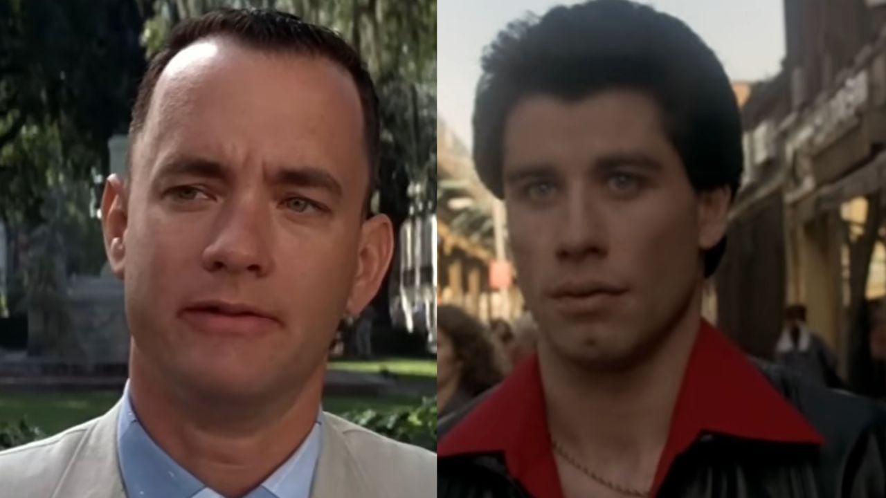 A split-screen image showing two men: one in a light suit outdoors with trees in the background, and another in a black jacket and red shirt standing on a city street.
