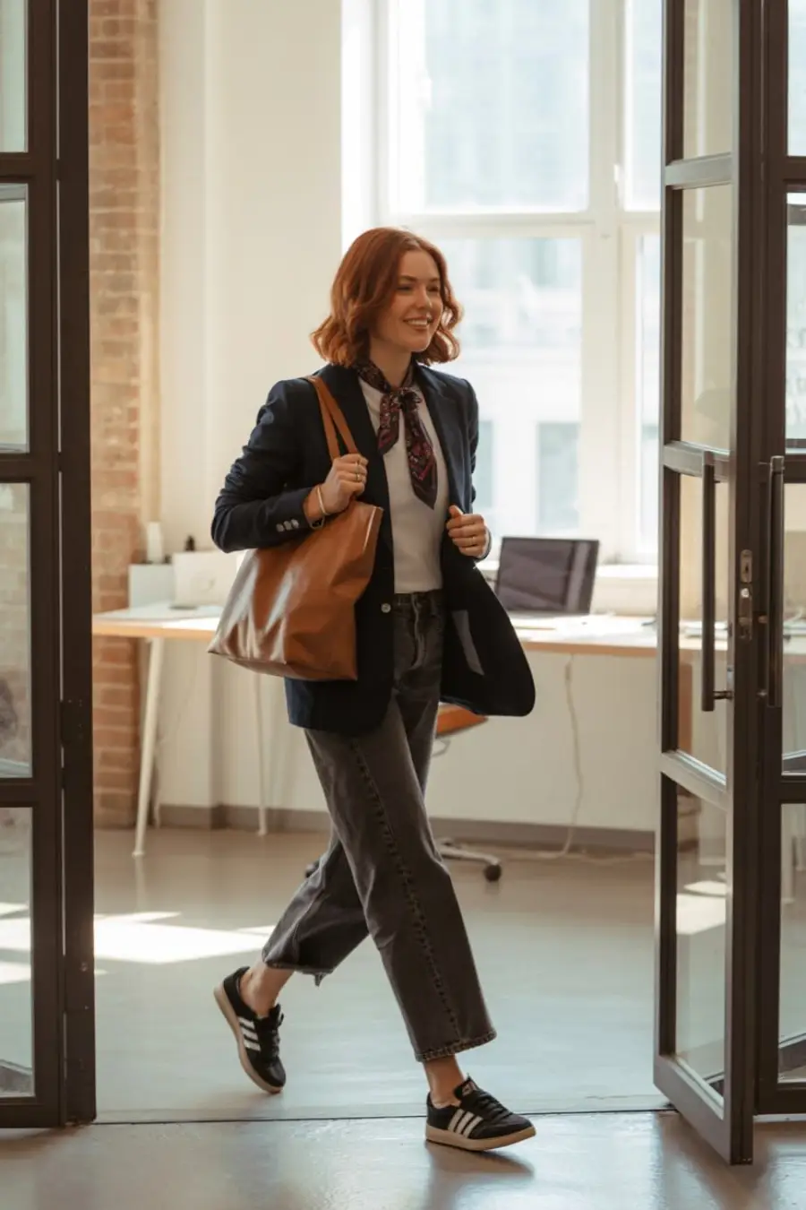 A smiling woman with shoulder-length red hair, wearing a blazer, scarf, white shirt, jeans, and sneakers, walks through glass doors into a bright office, carrying a large brown tote bag on her shoulder.