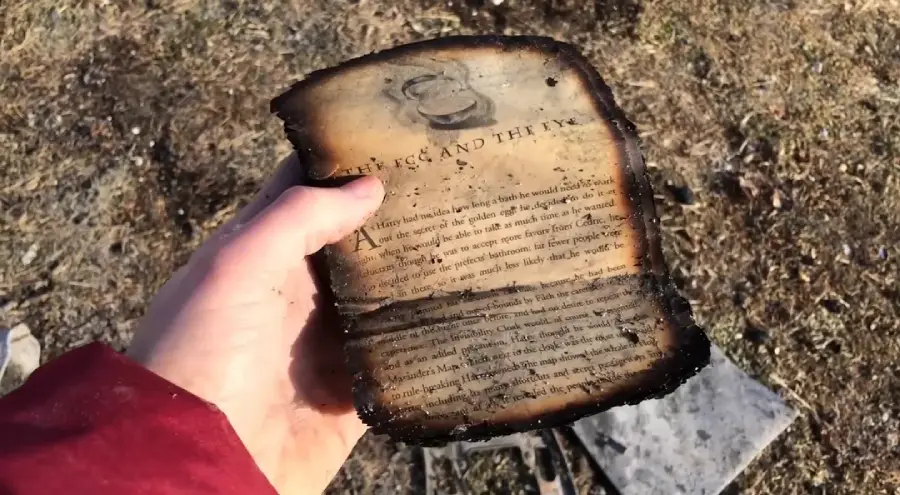 A person in a red sleeve holds a partially burnt, old-looking piece of paper outdoors on dry grass. The paper is singed around the edges and contains faded printed text and a faint illustration at the top.