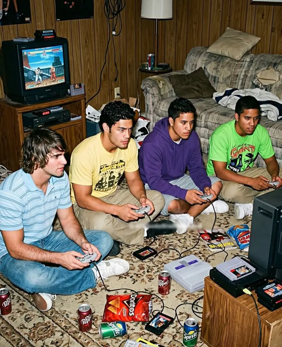 Four young men sit on the floor in a living room, playing video games on a retro console. Snacks and soda cans are scattered around them, and old TVs, couches, and wood-paneled walls create a vintage atmosphere.