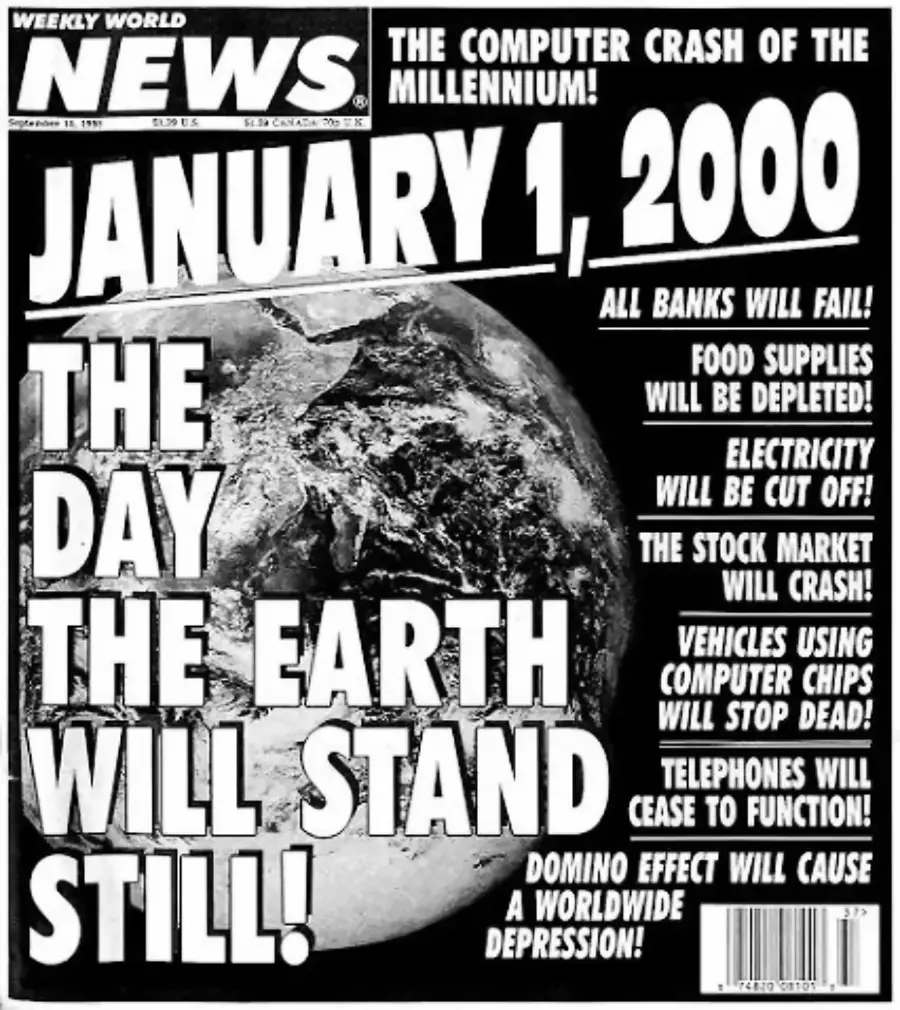 Black-and-white Weekly World News cover with bold text predicting chaos on January 1, 2000, including global failures in banks, food, electricity, stock market, vehicles, and phones, with Earth in the background.