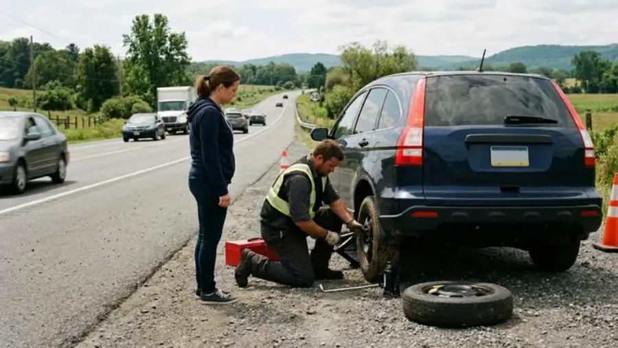 A man in a safety vest kneels while changing a flat tire on a dark SUV parked on the roadside, as a woman stands nearby. Other cars drive past on the highway, and traffic cones are set up behind the SUV.
