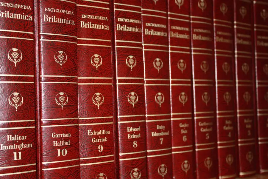 A close-up view of red leather-bound Encyclopedia Britannica volumes arranged side by side on a shelf, showing gold text and volume numbers on the spines.
