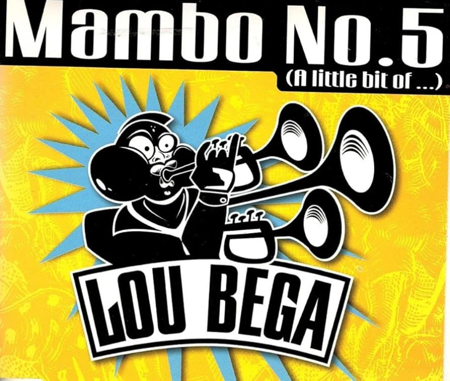 Cover art for "Mambo No. 5 (A Little Bit of...)" by Lou Bega, featuring a cartoon man playing three trumpets against a yellow patterned background with bold text at the top and artist's name below.