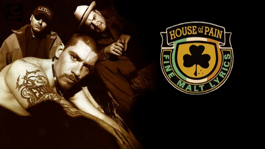 Three men pose together with serious expressions, one showing a tattooed arm. Next to them is a shield logo with a shamrock and the text "House of Pain Fine Malt Lyrics" on a black background.