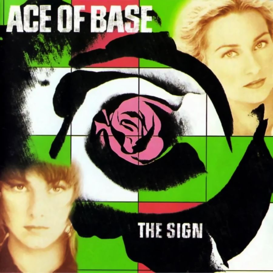 Album cover for Ace of Base's "The Sign" featuring abstract black and white shapes, a pink rose, and photos of two women’s faces on a green, white, and red background, with the band name and album title in bold text.