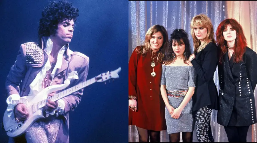 Split image: On the left, a musician in a ruffled shirt and studded jacket plays an electric guitar on stage. On the right, four women stand posing together in stylish 1980s outfits against a sparkly backdrop.