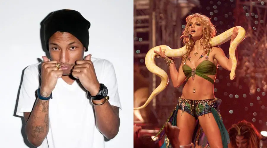 Split image: On the left, a person in a black beanie and white t-shirt poses with fists near their face. On the right, a performer in a green costume holds a large yellow snake on stage, surrounded by lights and decorations.
