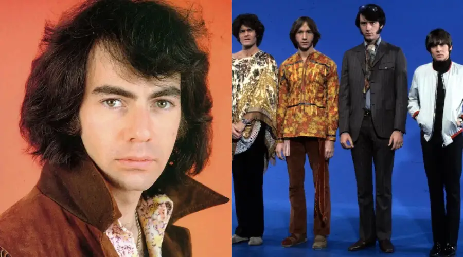 Split image: On the left, a man with dark hair wearing a brown velvet collar shirt against an orange background. On the right, four men stand in 1960s-style outfits before a blue backdrop.