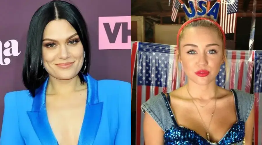 Two women are pictured side by side. On the left, a woman with straight black hair in a blue blazer poses against a purple background. On the right, a woman with blond hair and red lipstick stands in front of American flags, wearing a "USA" headband.