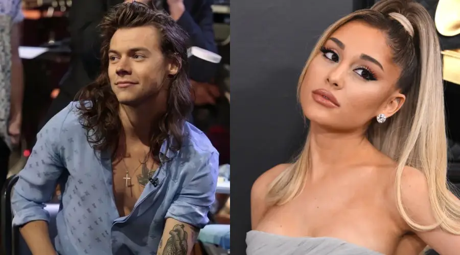 A split image shows a man with long brown hair and a blue shirt on the left, and a woman with blonde hair in a high ponytail and an off-shoulder gray dress on the right, both looking away from the camera.