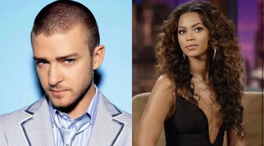 A split image shows a man with short hair in a light blue suit on the left, and a woman with long curly hair in a black dress sitting on a talk show set on the right.