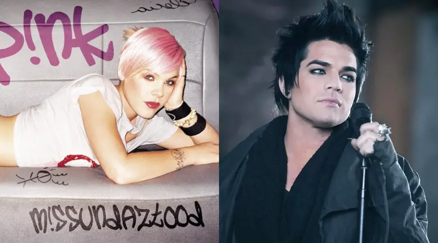 A split image: on the left, a woman with short pink hair lies on a couch with "P!NK" and "M!SSUNDAZTOOD" written around her; on the right, a person with spiky dark hair holds a microphone and wears dramatic makeup.