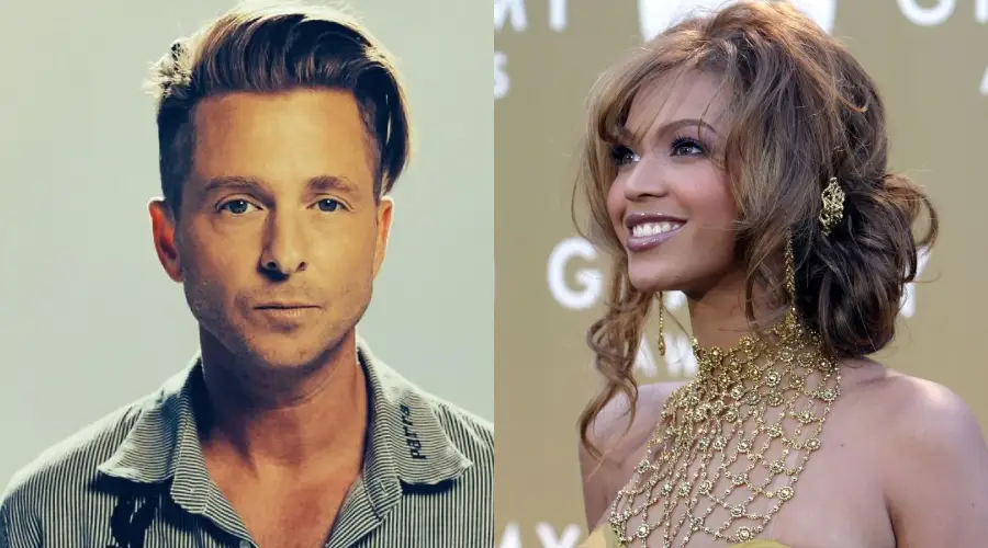 A split image of a man with short, styled hair wearing a striped shirt on the left, and a woman with wavy hair in an elegant gold outfit and earrings, smiling, on the right.