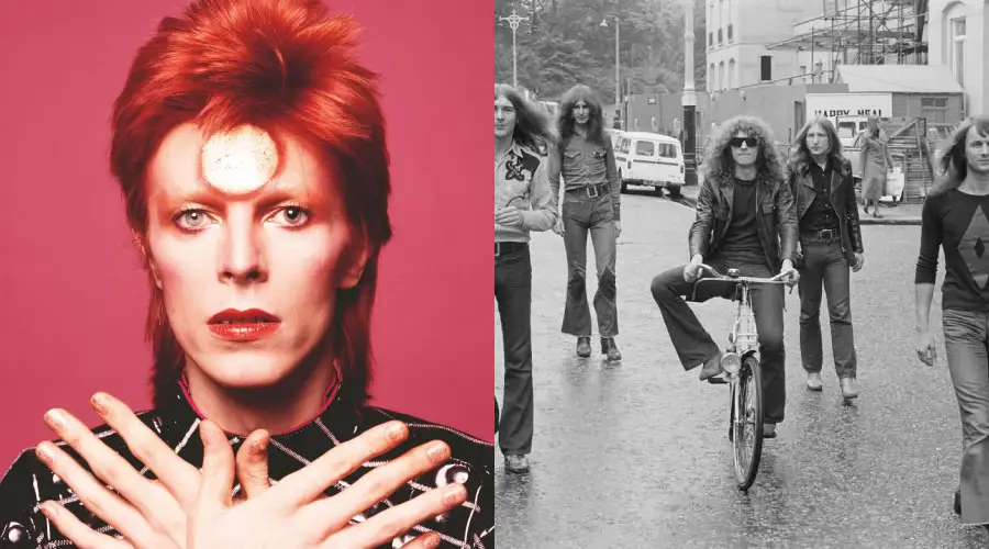 A split image: on the left, a person with bright orange hair and a gold circle on their forehead poses with crossed hands against a pink background; on the right, a group walks on a street, one person riding a bicycle, in a black-and-white photo.