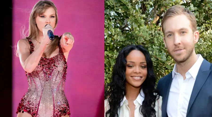 Split image: On the left, a woman in a sparkling bodysuit sings on stage with a microphone. On the right, a woman and a man stand outdoors smiling in front of greenery.