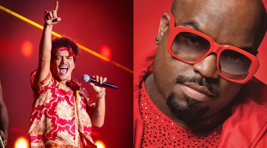 Split image: On the left, a performer in a red outfit sings energetically on stage, holding a microphone and pointing upward. On the right, a man in large red sunglasses gazes at the camera, wearing a matching red outfit.