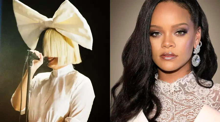 Side-by-side images: on the left, a person with a large white bow and blonde bob covering their face, singing into a microphone; on the right, a woman with long dark hair and elegant earrings, wearing a white lace outfit.