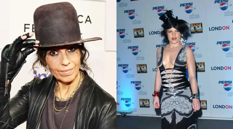 Two images side by side: on the left, a person in a large black top hat, black gloves, and dark clothing; on the right, a person in a deep-cut, patterned black and silver dress at a photo backdrop event.