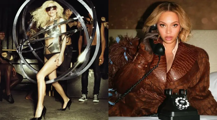 Split image: On the left, a woman in a metallic outfit and sunglasses poses inside a large ring structure; on the right, a woman in a brown jacket sits holding a vintage black rotary phone.