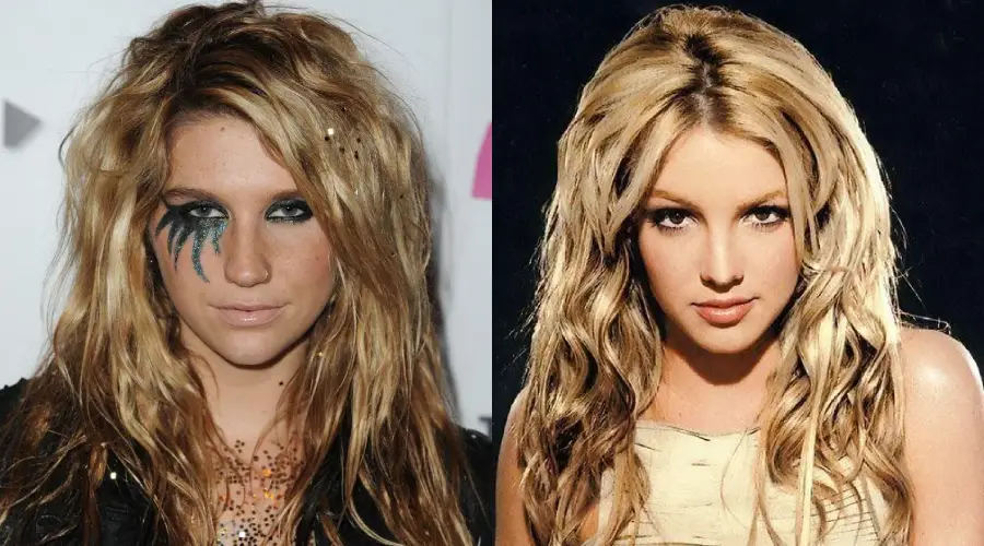 Two women with long, wavy blonde hair. The woman on the left has dramatic black makeup around one eye and a casual look, while the woman on the right has natural makeup and a neutral expression.